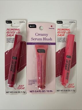 b Pure Plumping Glossy Lip Balms (Magenta & Watermelon) & Creamy Serum Blush
